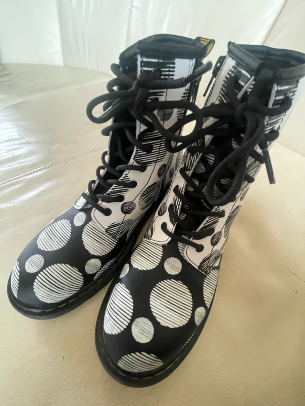 Dr. Martens Black & White Striped Polka Dot Lace-Up Boots - Picture 12 of 14